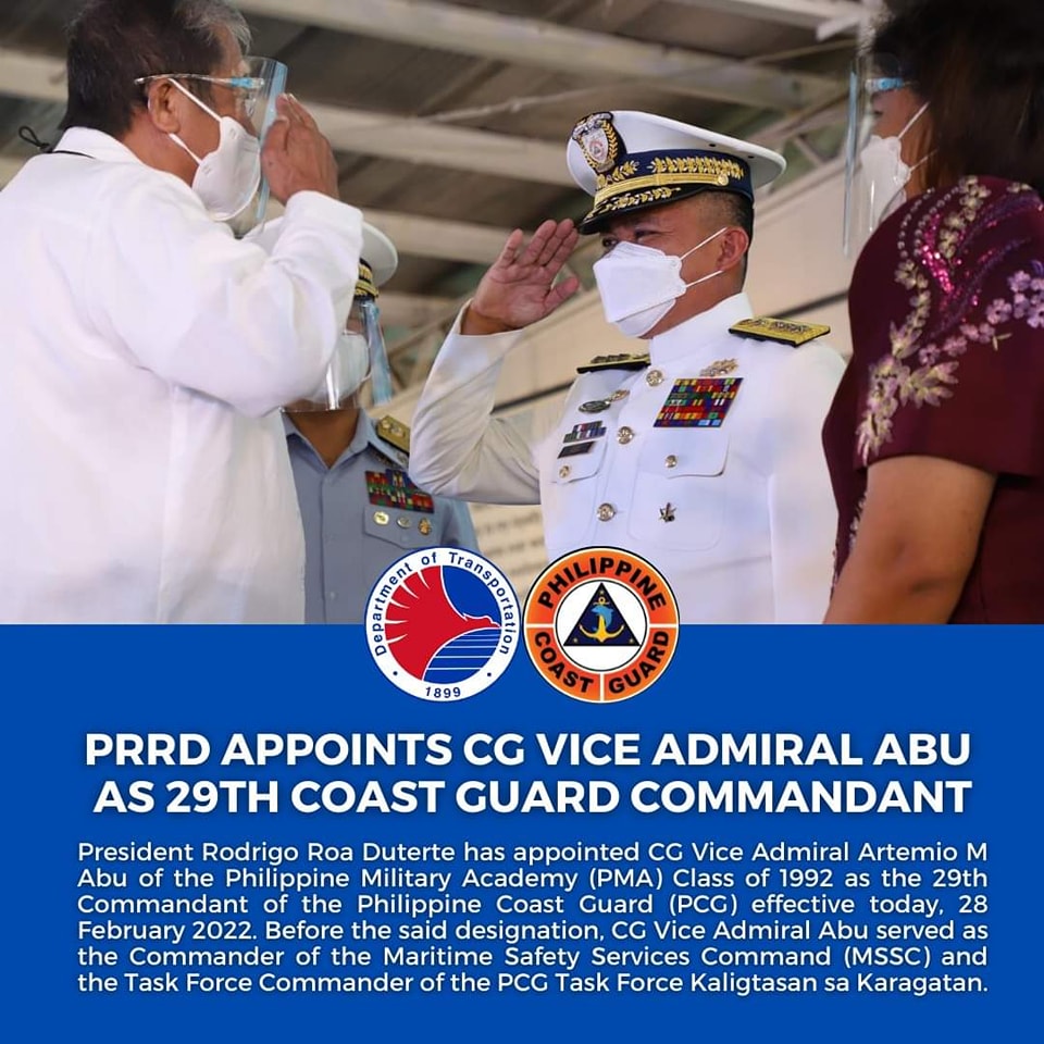 PRRD Appoints CG Vice Admiral Abu As 29th PCG Commandant